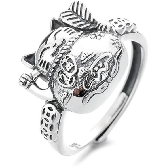 Adjustable Lucky Cat Ring – Feng Shui Good Fortune Motif, Vintage Silver Plated - Picture 1 of 6